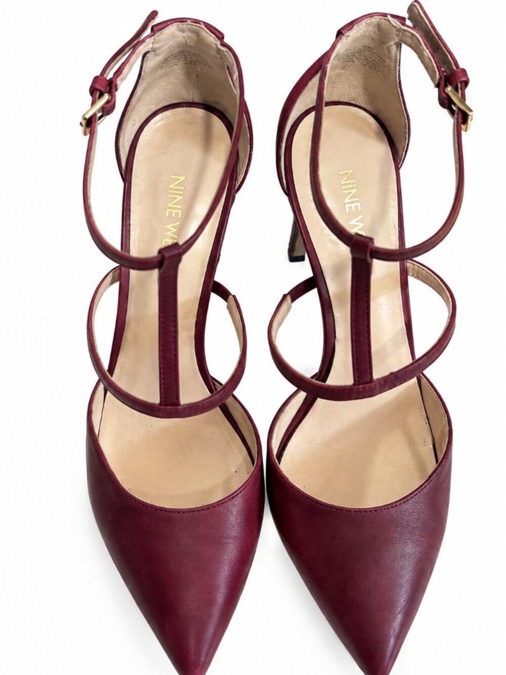 Nine West Burgundy Leather Strappy Pointed Toe Heels